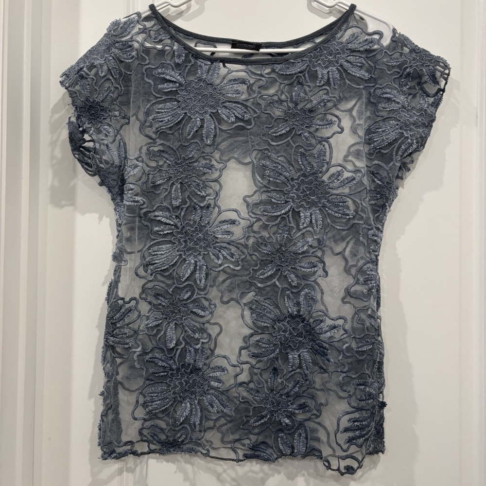 COSMO Made In Italy Blue Flowers Embroidered Sheer Top Womens Medium